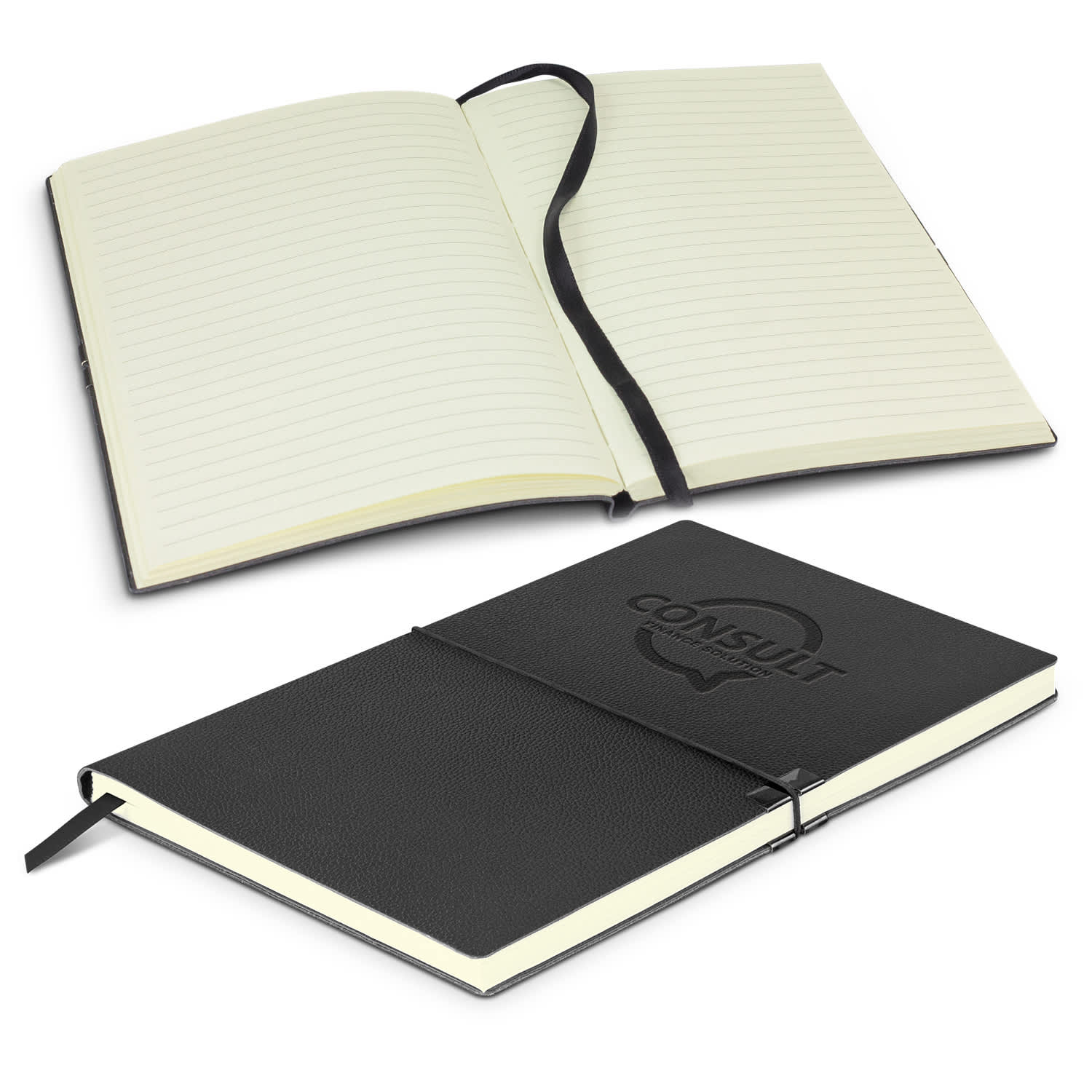 A black Samson Notebook with a textured cover, featuring lined pages and an attached ribbon bookmark. Samson Notebook - Image 1