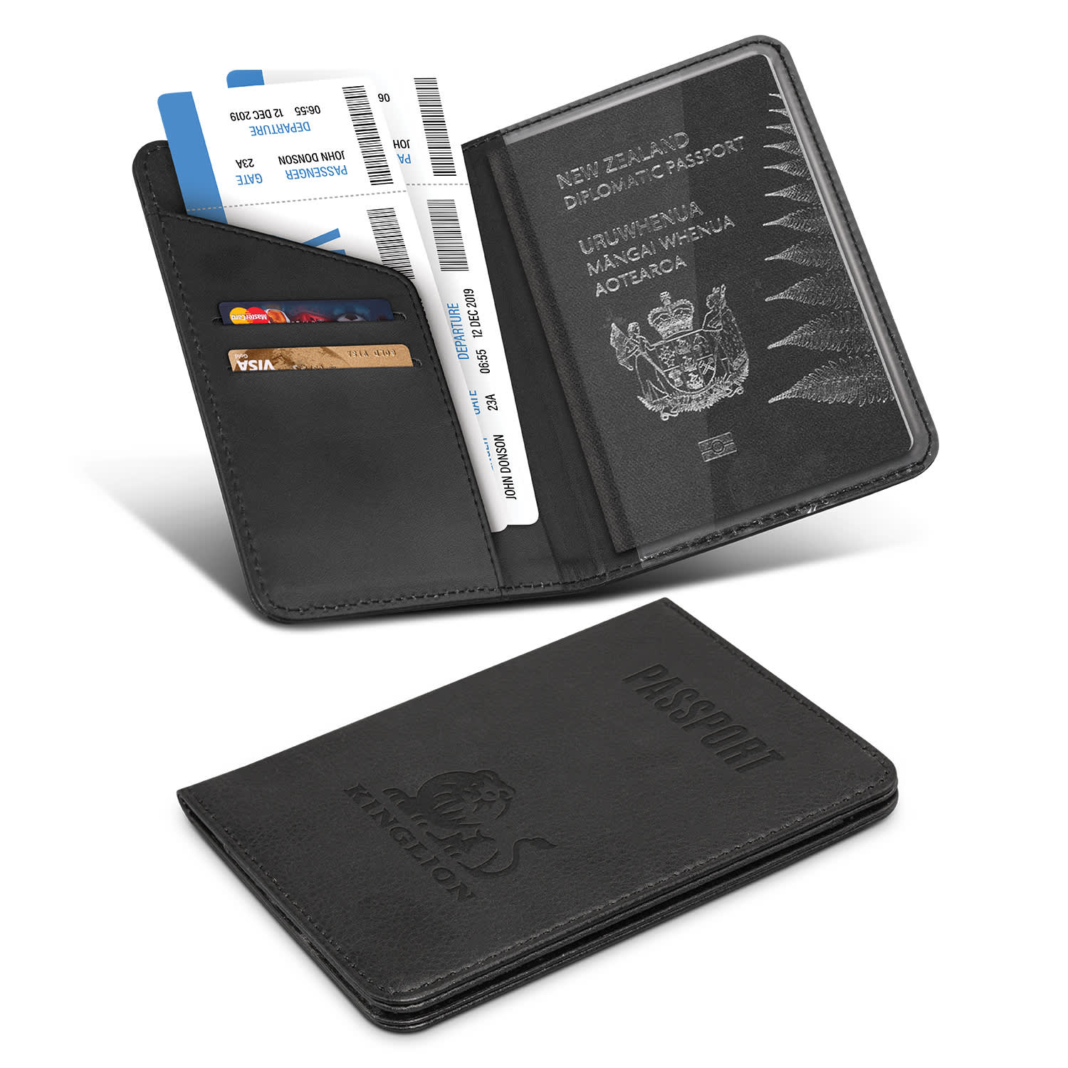 A black passport wallet featuring card slots and an inner pocket for documents, with a logo on the front. Explorer Passport Wallet - Image 1