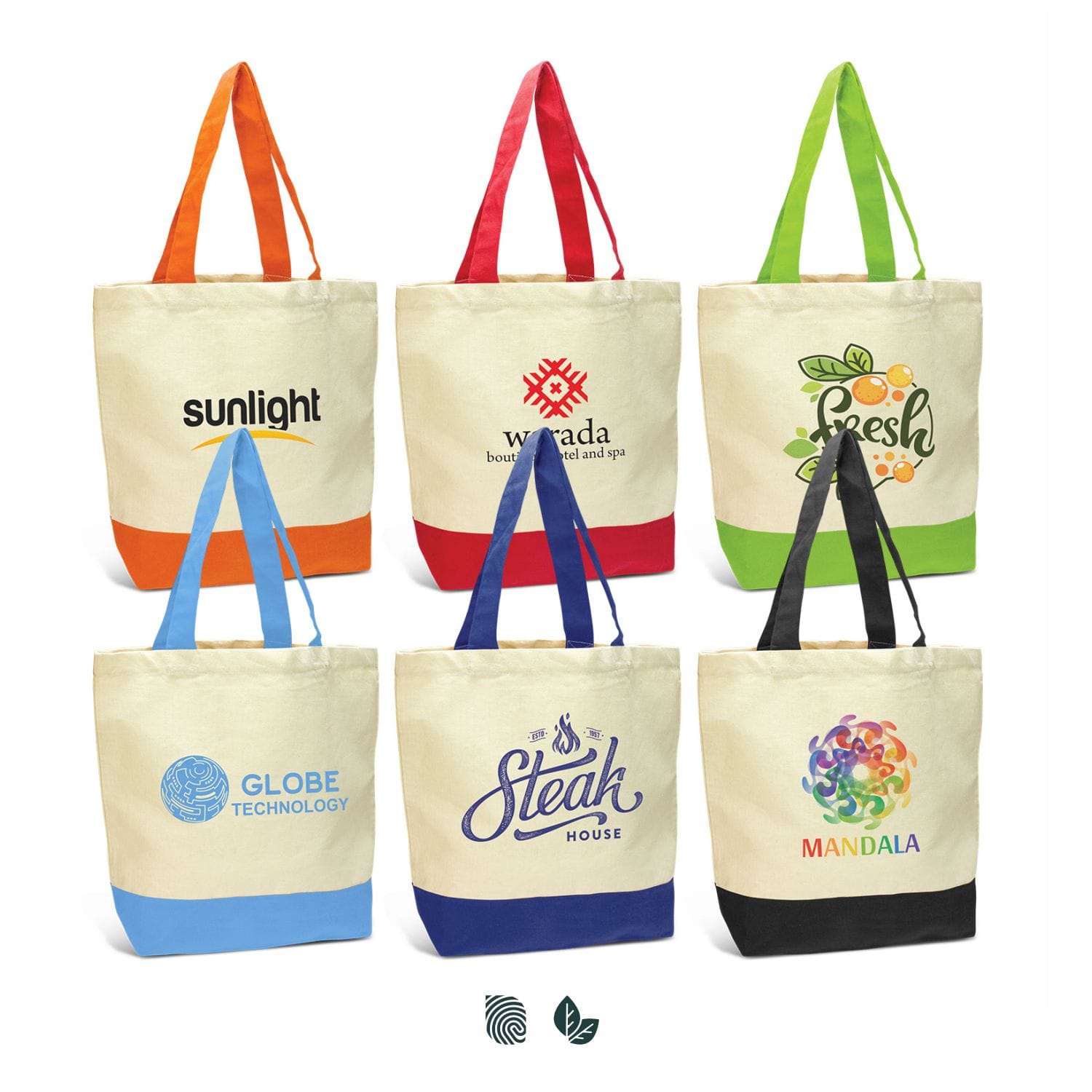 A collection of six canvas tote bags in various colours, featuring different logos and designs on a natural background. Sedona Canvas Tote Bag - Image 1
