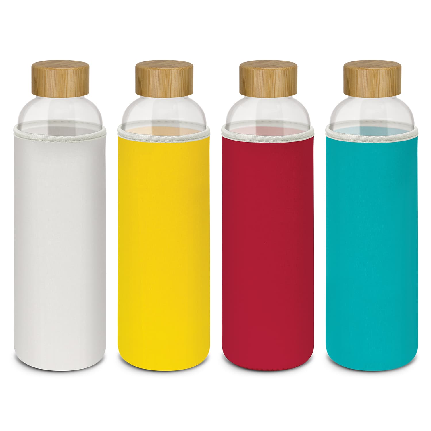 A drink bottle set with glass containers and coloured neoprene sleeves in white, yellow, red, and teal, each with a bamboo lid. Eden Glass Bottle - Neoprene Sleeve - Image 1