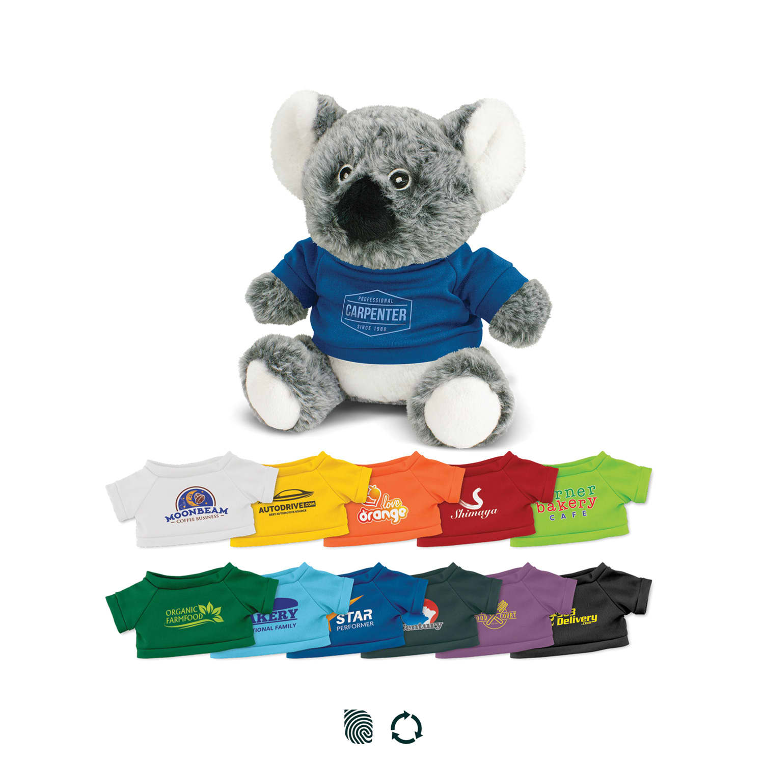 A grey koala plush toy wearing a blue shirt, surrounded by a variety of colourful miniature shirts in different styles. Koala Plush Toy - Image 1