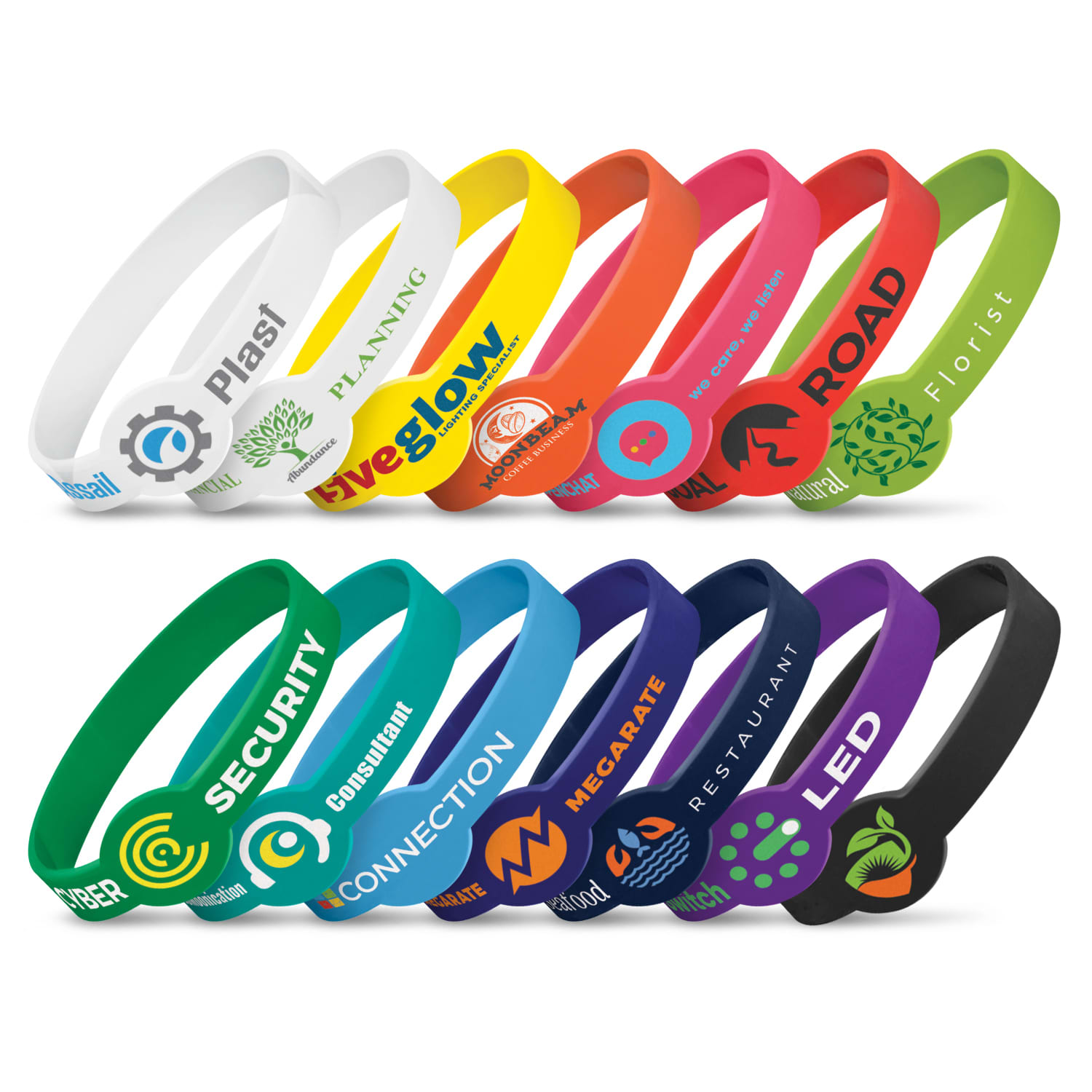 A collection of silicone wristbands in various colours, featuring logos and designs, displayed in an organised arrangement. Xtra Silicone Wrist Band - Image 1