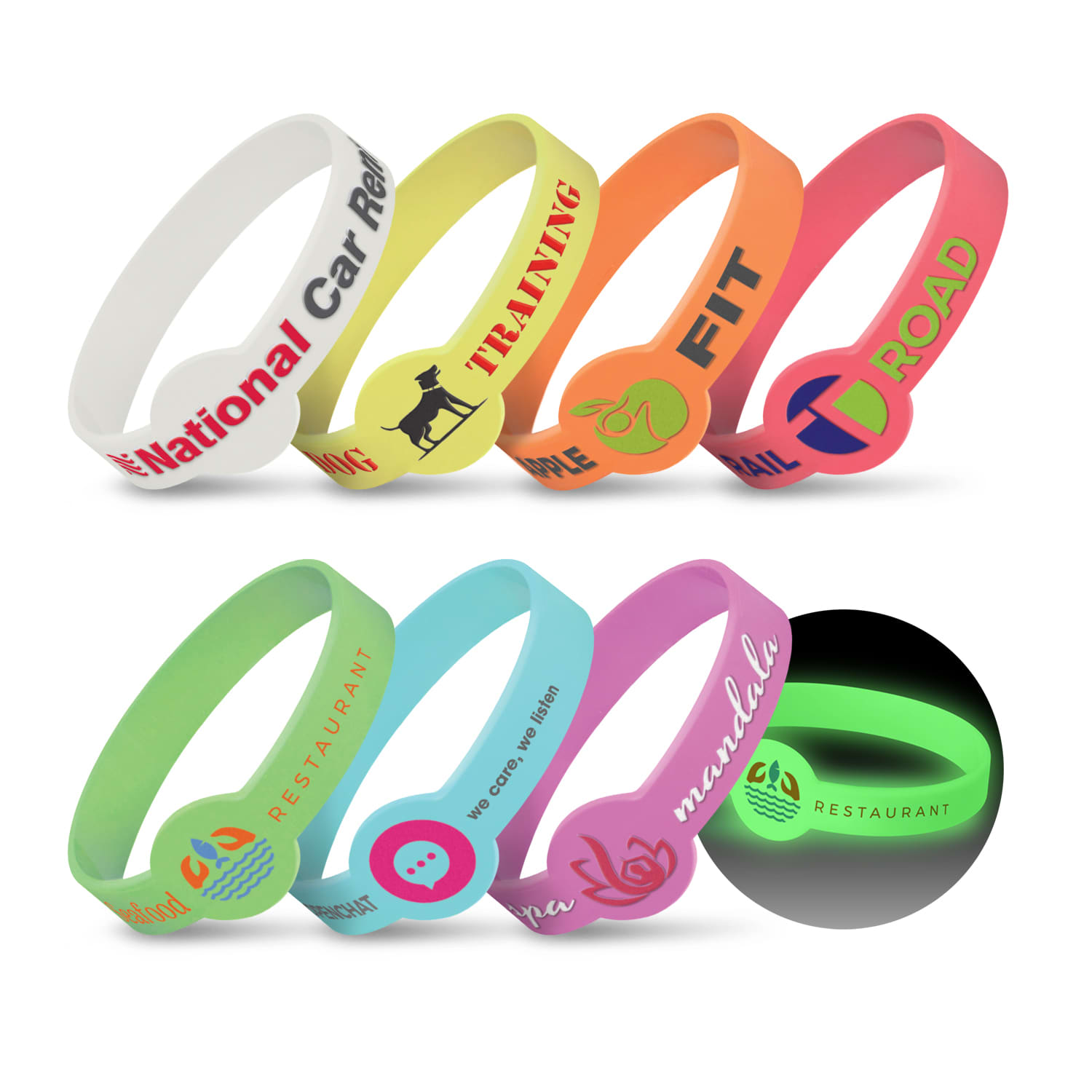 A collection of colourful silicone wristbands in various designs, including glow-in-the-dark elements. Xtra Silicone Wrist Band - Glow in the Dark - Image 1