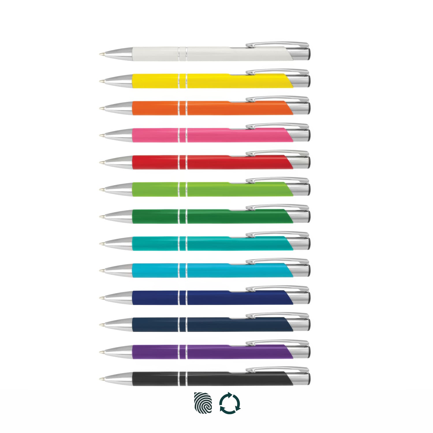 A collection of metal pens in various colours, including white, orange, pink, green, blue, and purple, each with a silver clip. Panama Pen - Corporate - Image 1