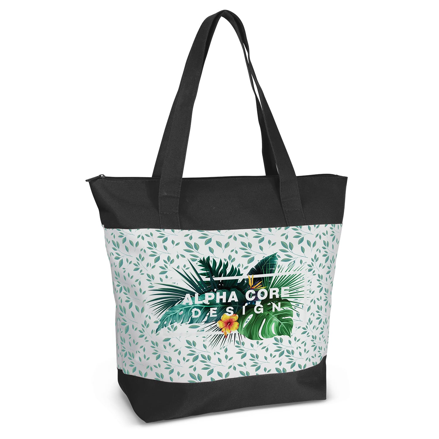 A large tote bag featuring a vibrant leaf pattern with a black base and an emblem on the front. Capella Tote Bag - Full Colour - Image 1