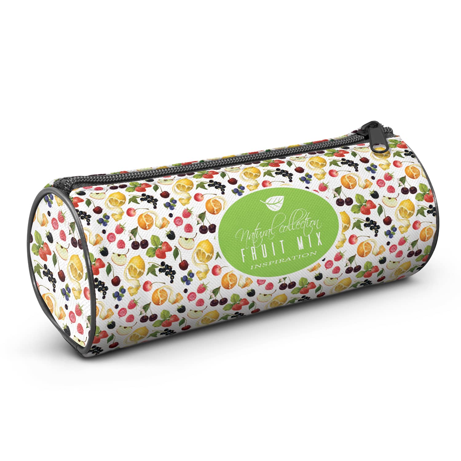 A round pencil case featuring a vibrant fruit mix design in various colours, with a zip closure and a logo. Radius Pencil Case - Full Colour - Image 1