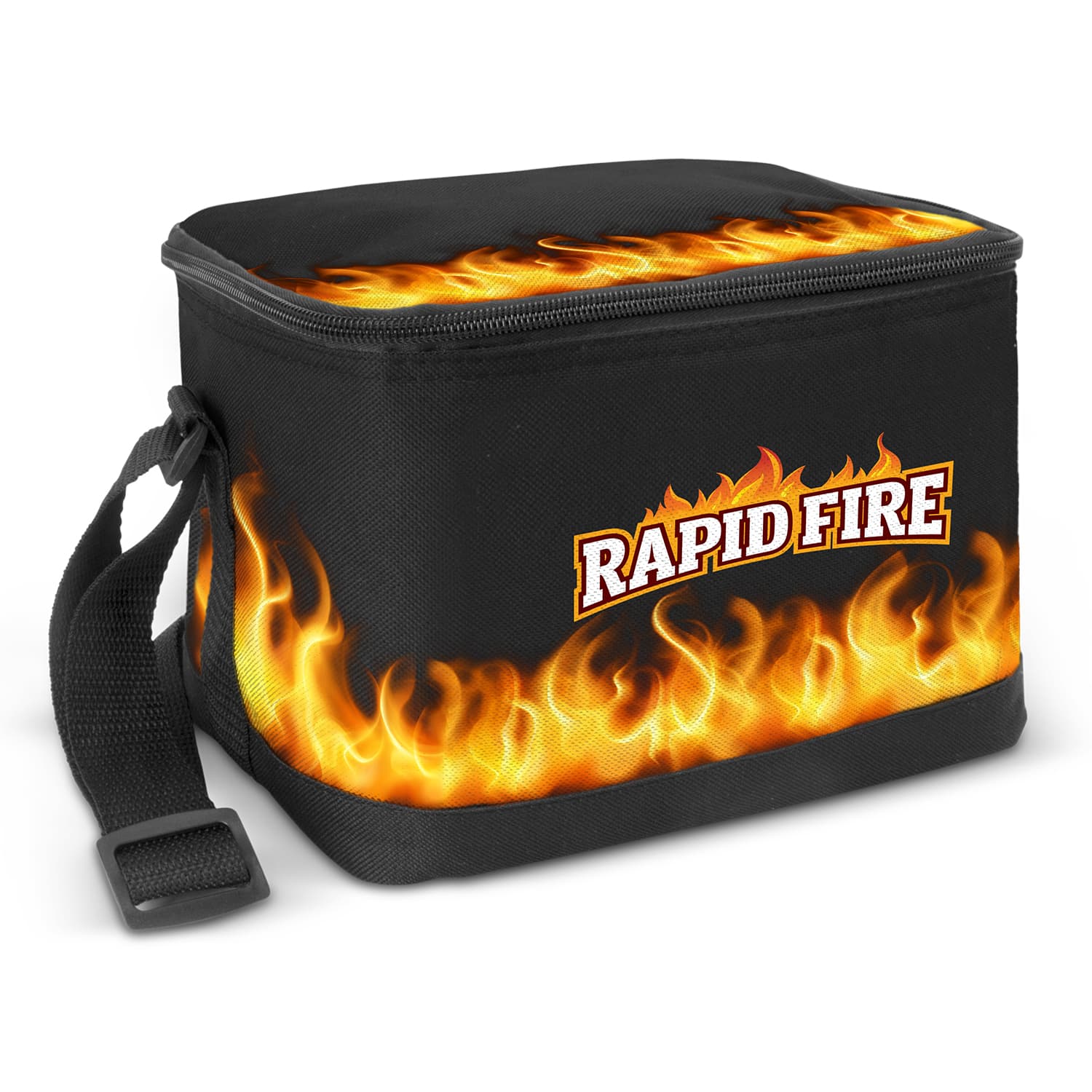 A small black cooler bag featuring a fiery design and a logo, equipped with a handle for easy carrying. Bathurst Cooler Bag - Full Colour Small - Image 1