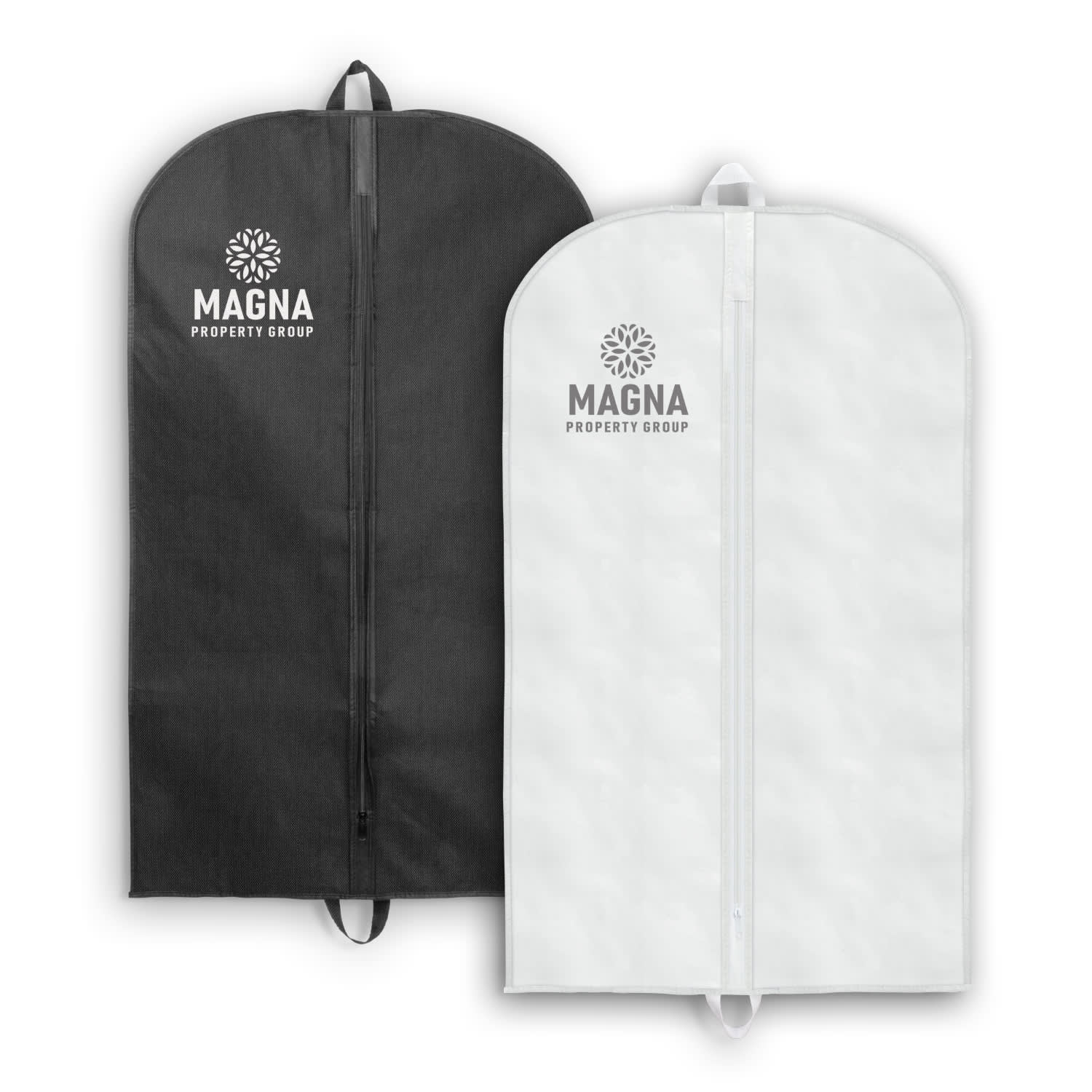 Two garment bags in black and white, featuring a logo on each, with a zip closure and hanging loops. Garment Bag - Image 1