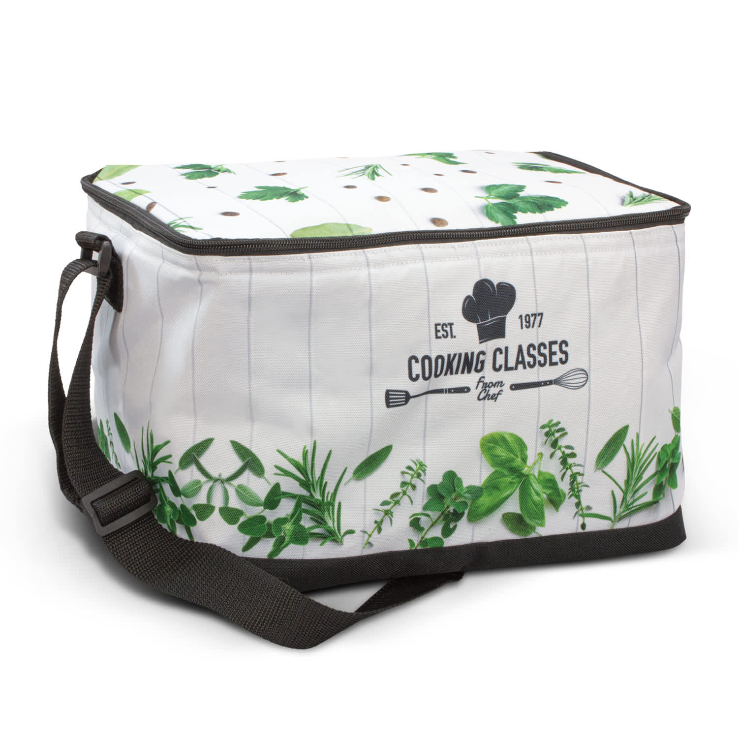 A large, full-colour cooler bag featuring a white background with green foliage design and a logo. It has a shoulder strap. Bathurst Cooler Bag - Full Colour Large - Image 1