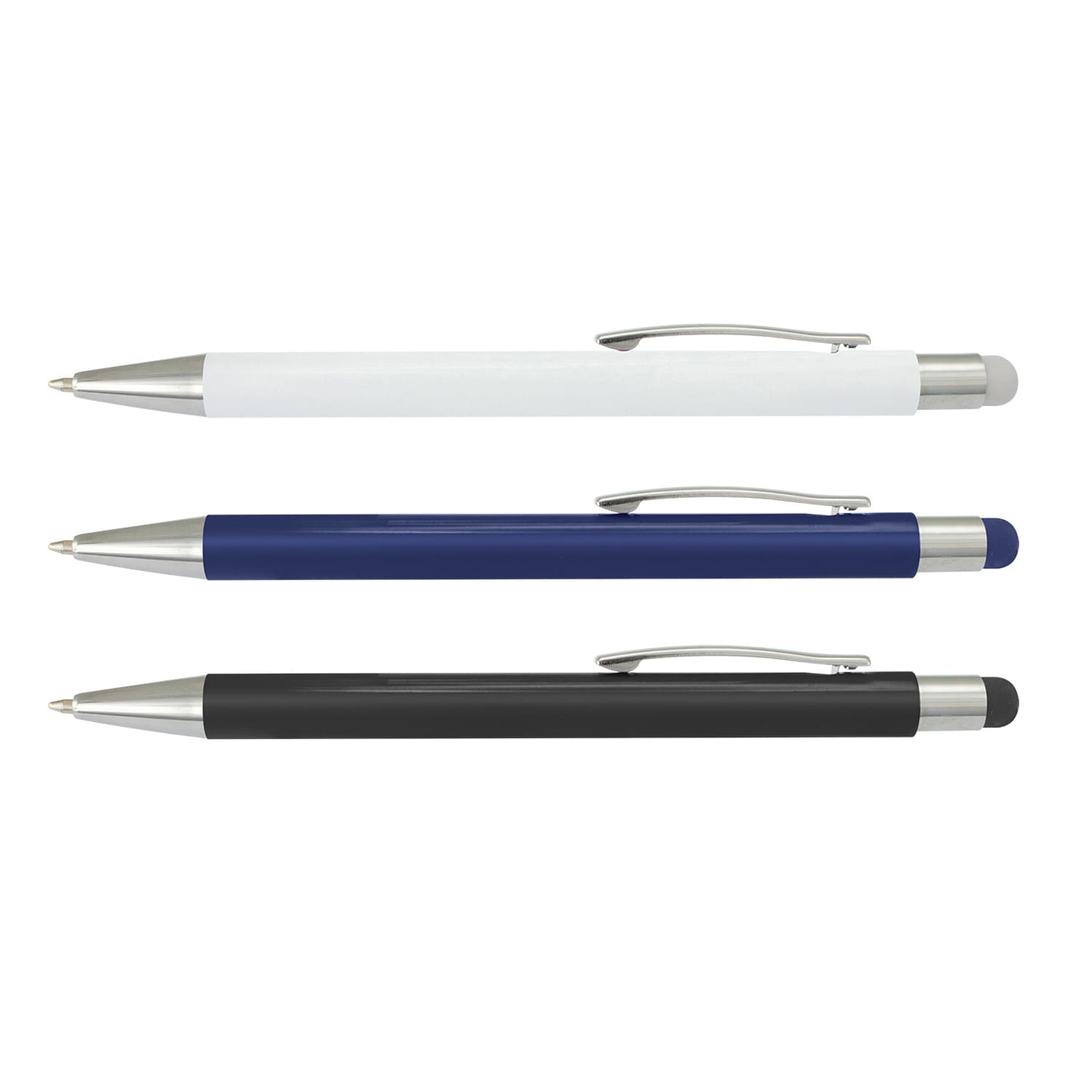 A set of three stylus pens in white, blue, and black, featuring silver accents and a logo. Lancer Stylus Pen - Image 1