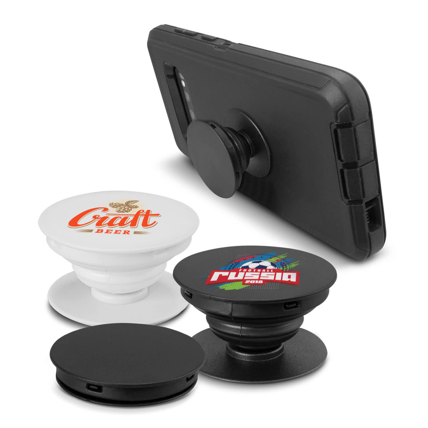 A collection of three phone grips in black and white, designed to attach to a mobile phone for better handling. Wizard Phone Grip - Image 1