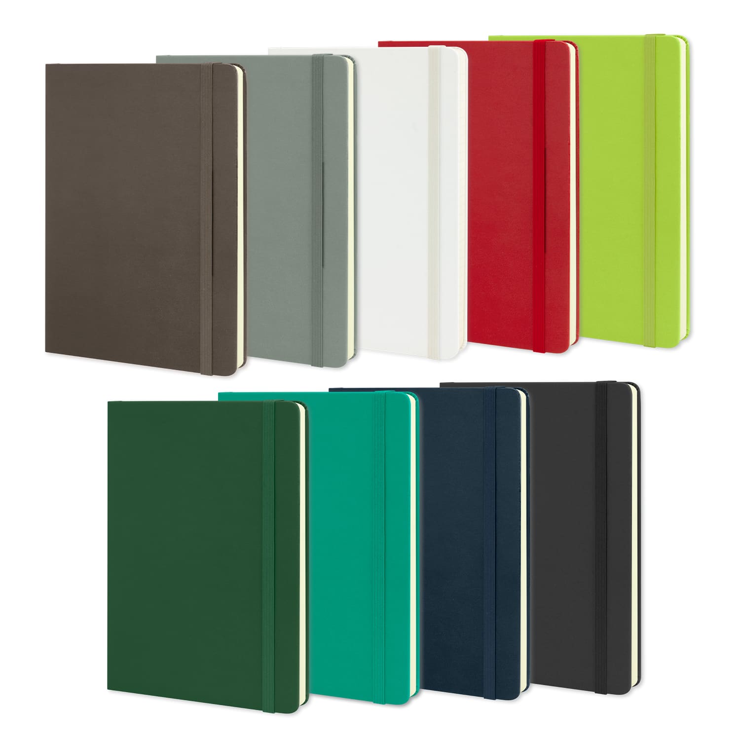 A collection of Moleskine Classic Hard Cover Notebooks in various colours, including green, red, white, and black, featuring branding. Moleskine Classic Hard Cover Notebook - Large - Image 1