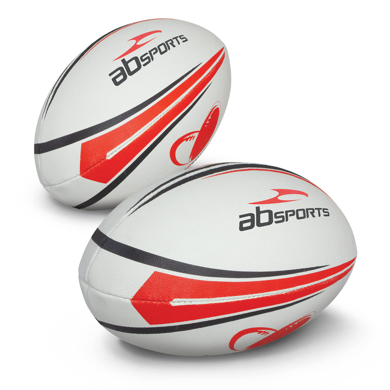 A rugby league ball featuring a white base with red and black accents, and a branding logo. Rugby League Ball Promo - Image 1