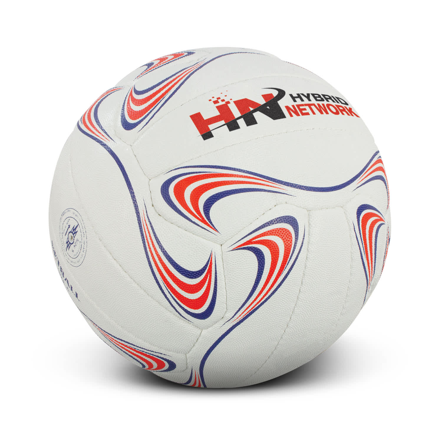 A netball featuring a white surface with red and blue swirl patterns and a logo. Netball Pro - Image 1