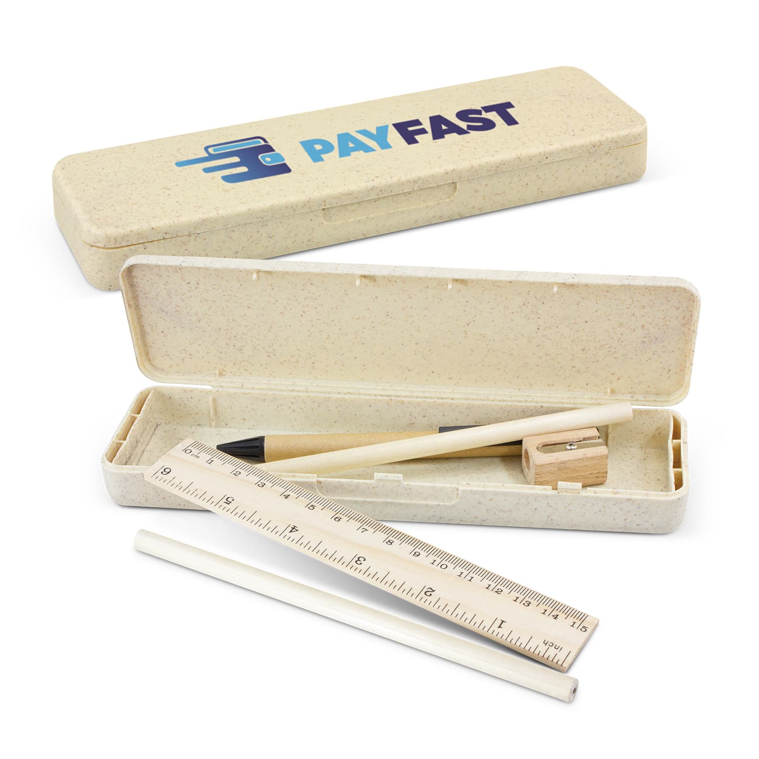 A pencil case in a light beige colour containing a ruler, pencil, sharpener, and a white pencil. It has a logo on the lid. Choice Stationery Set - Image 1