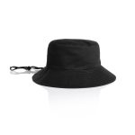 A black wide brim bucket hat featuring a chin strap and a logo on the side.