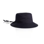 A wide-brim bucket hat in black, featuring a drawstring for adjustable fit and a simple design.