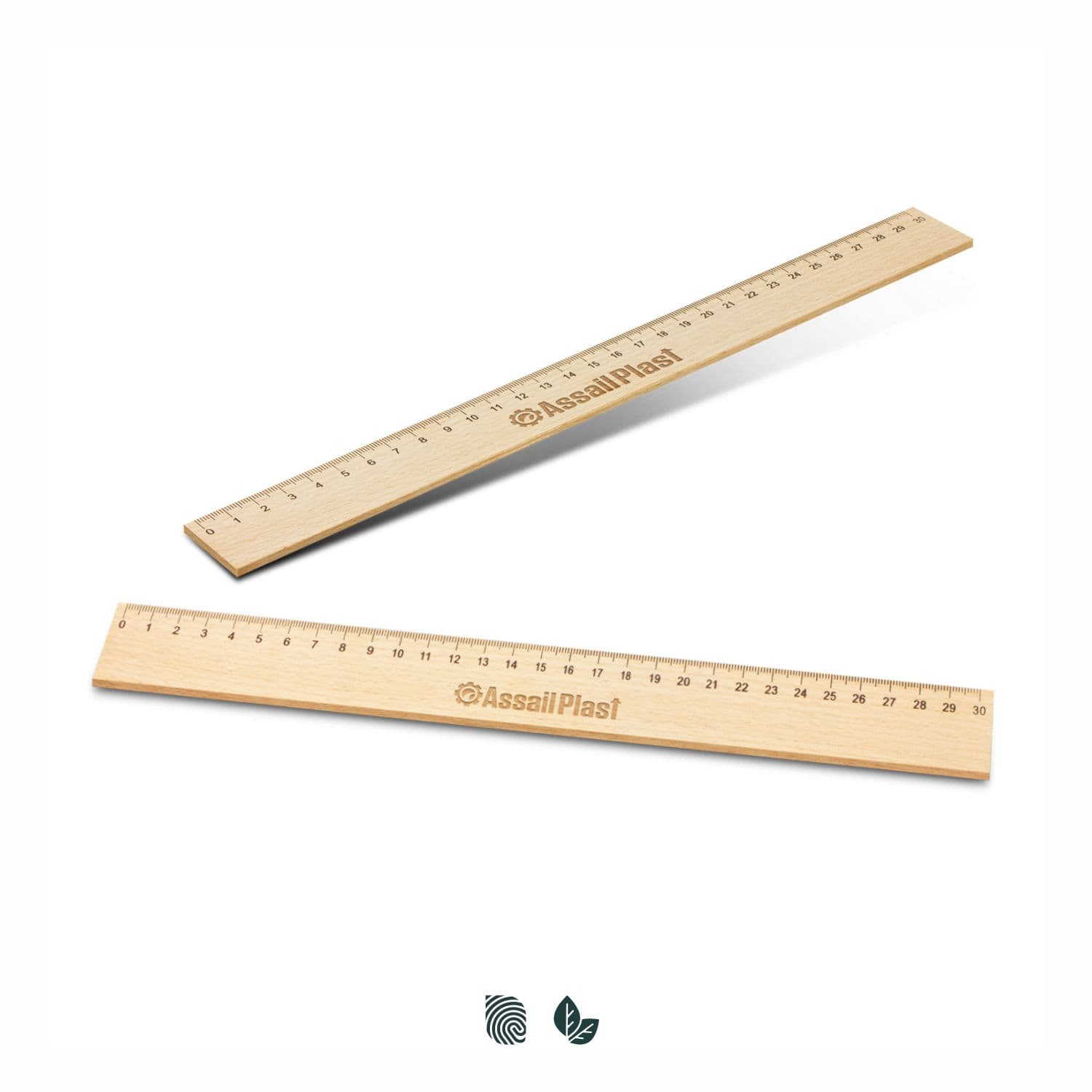 A wooden 30cm ruler with markings for measurement, featuring a logo. The ruler has a natural wood finish. Wooden 30cm Ruler - Image 1