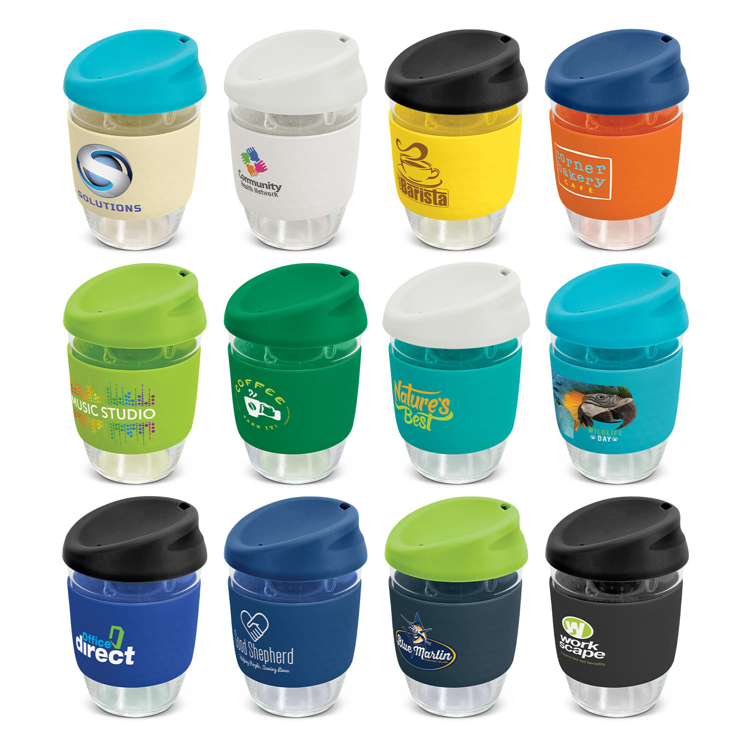A drink bottle collection featuring various colours with silicone lids and transparent bodies, each with a logo. Nova Cup - Borosilicate 350ml - Image 1