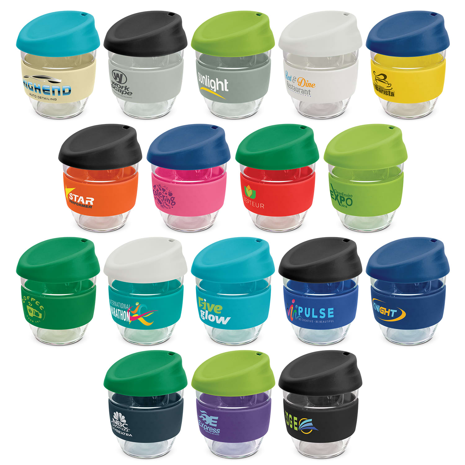 A collection of Nova Cups in various colours, featuring borosilicate glass and different coloured lids along with branding. Nova Cup - Borosilicate 250ml - Image 1