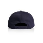 A navy blue cap featuring a back snap closure and a logo on the side.