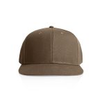 A brown canvas cap with a flat brim and six-panel structure, featuring a logo on the front.