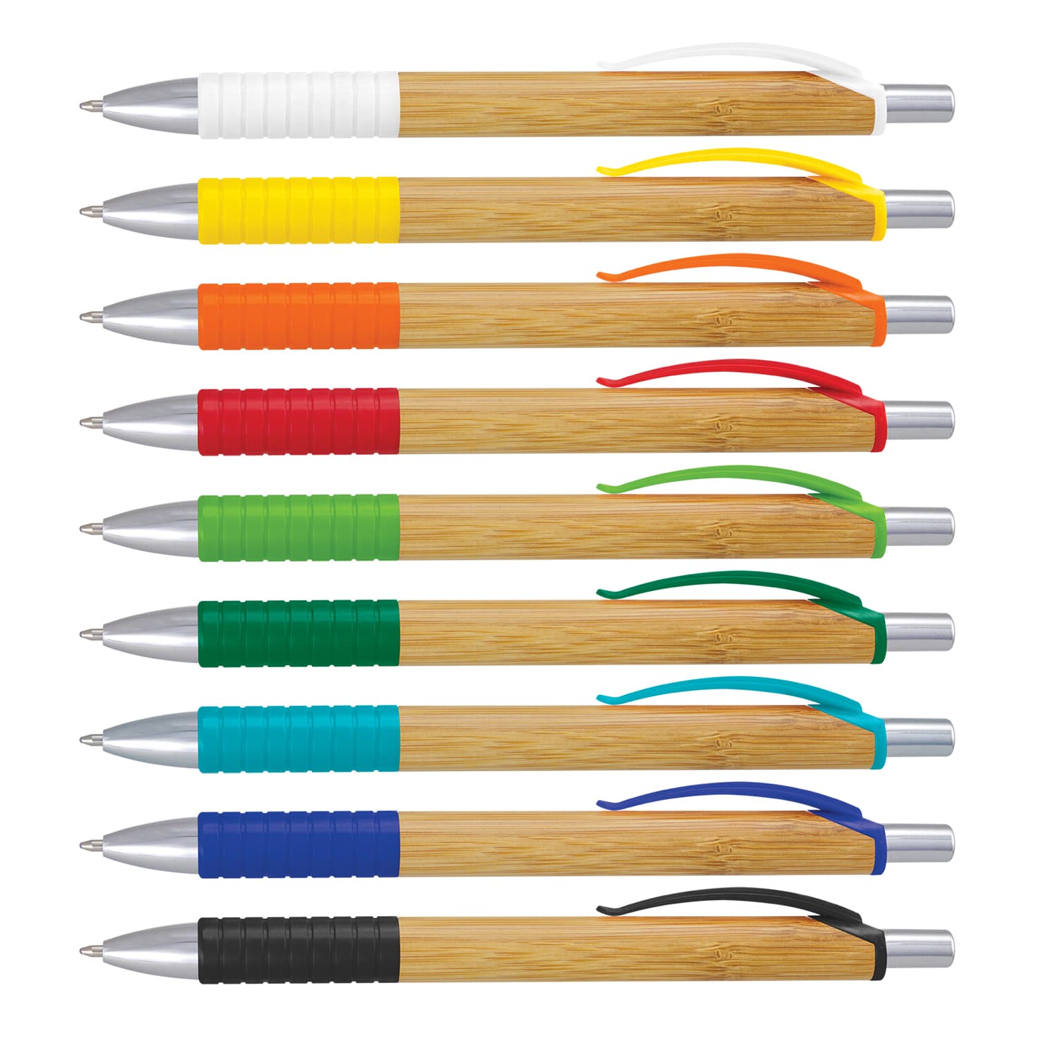 A collection of metal pens with bamboo bodies, featuring various colours for the grips and clips. Each pen has a logo. Trinity Bamboo Pen - Image 1