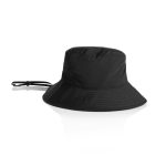 A black nylon wide brim bucket hat with an adjustable drawstring and a simple design.