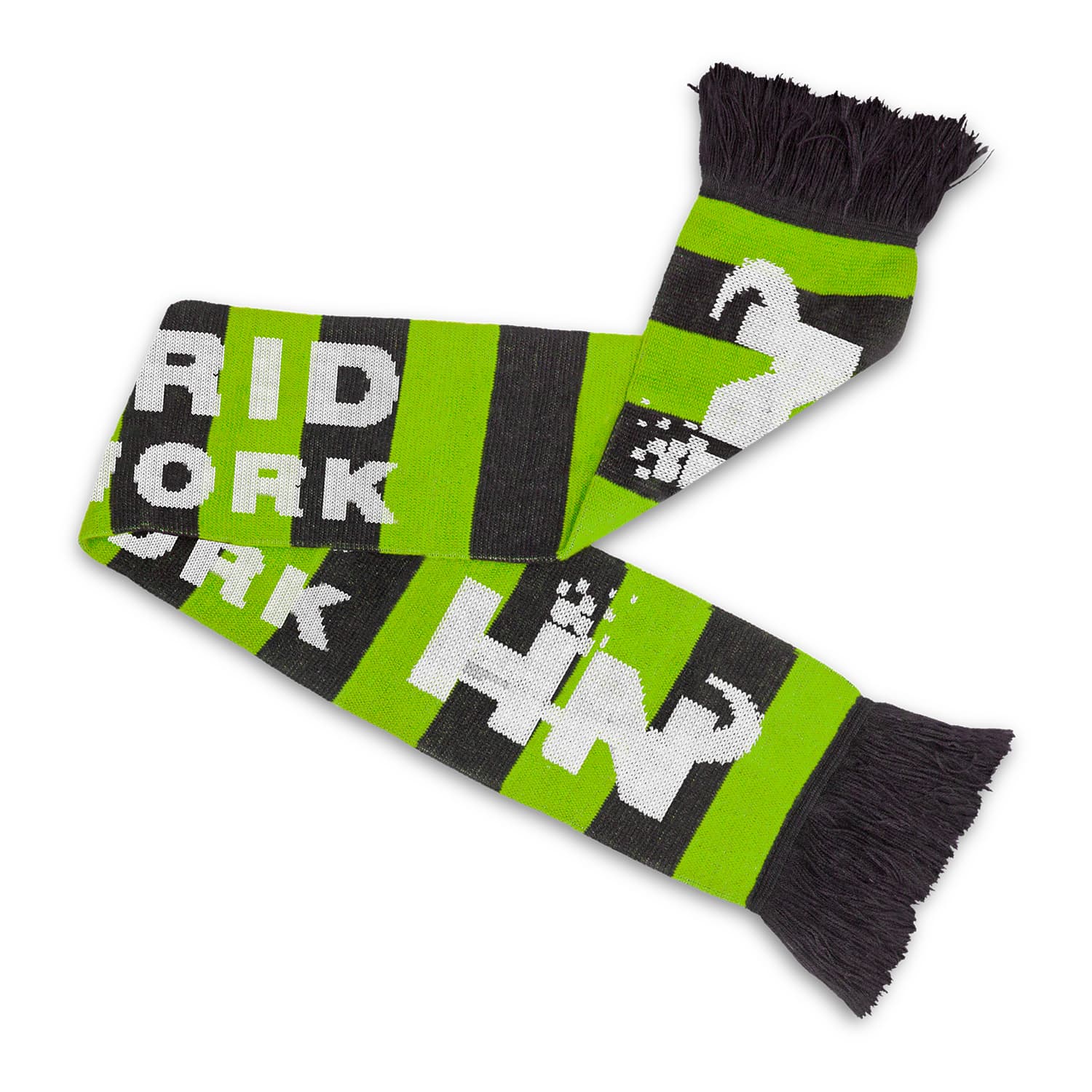 A green and black knitted scarf with a fringe, featuring a patterned design and a logo. Fairbanks Custom Knitted Scarf - Image 1