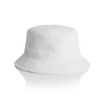 A white Terry bucket hat with a wide brim and a textured finish, featuring a logo.