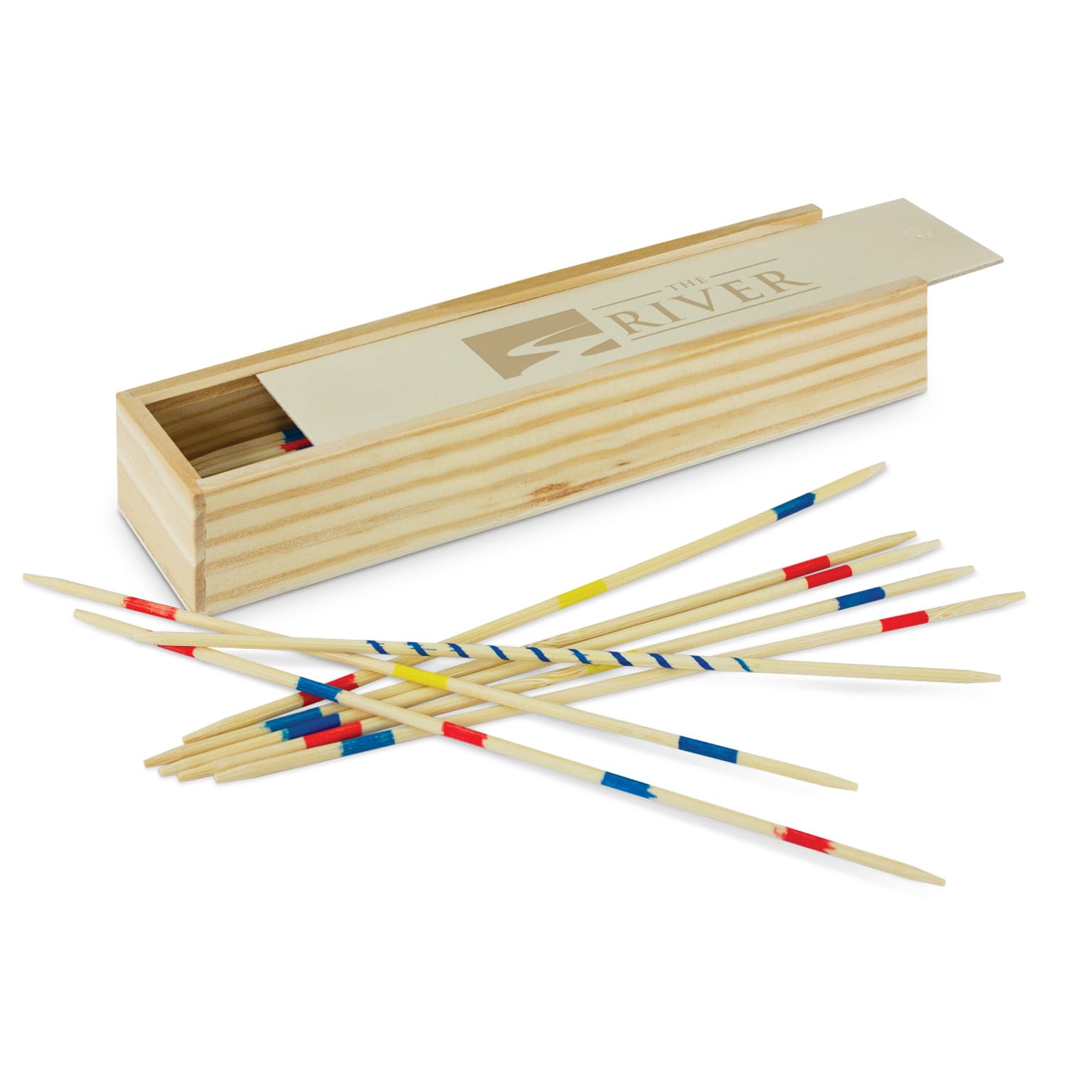 A wooden box with a lid containing coloured pick up sticks in red, blue, and yellow scattered around it. Pick Up Sticks Game - Image 1