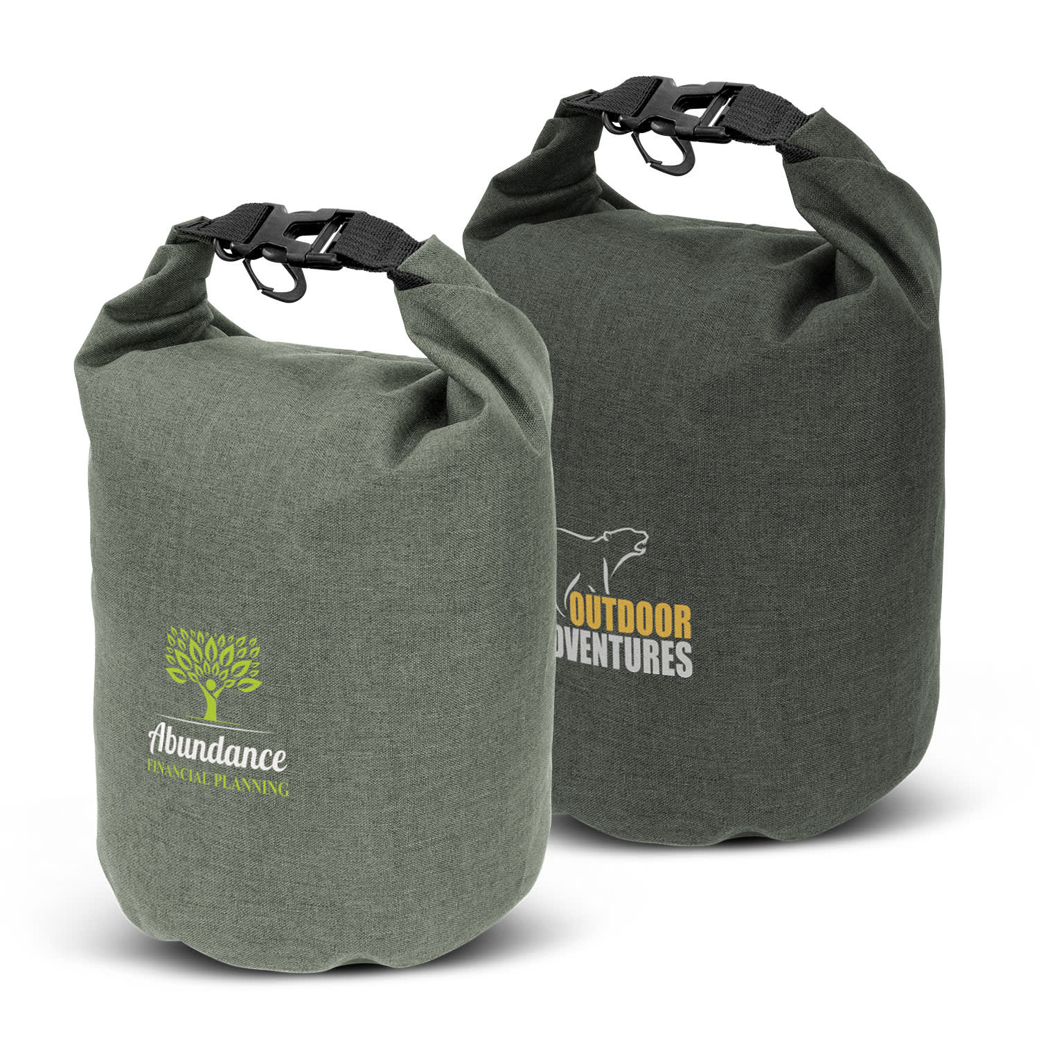 A green dry bag with a roll-top closure, featuring two distinct logos on either side. Nautica Dry Bag - 5L - Image 1