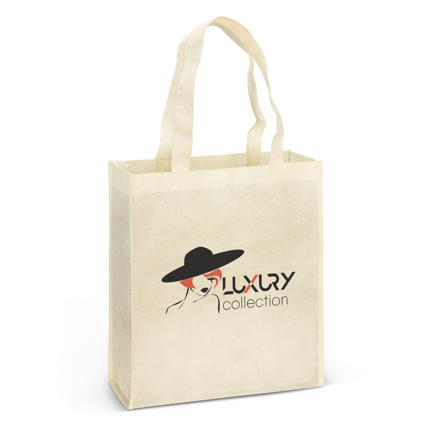 A natural look tote bag in a cream colour with a logo featuring a stylish design and black handles. Kira A4 Natural Look Tote Bag - Image 1