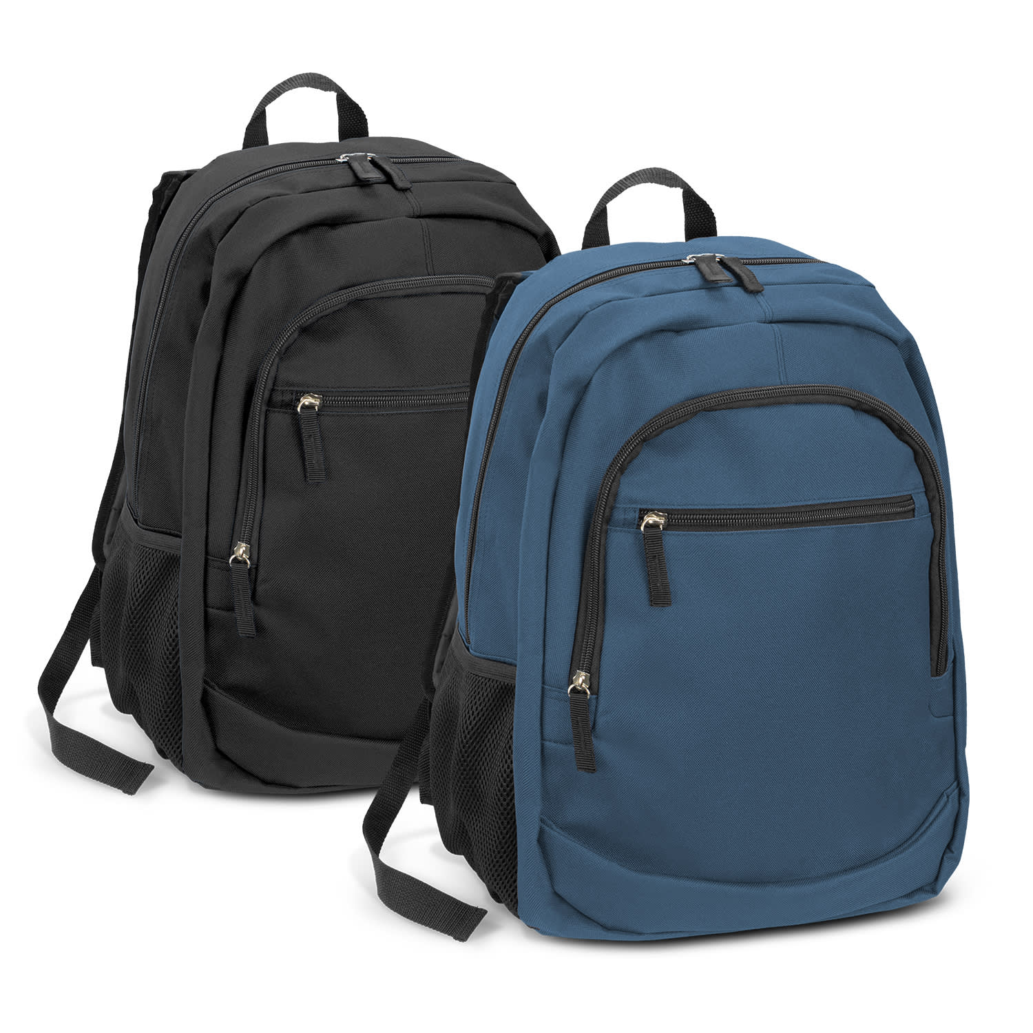 A black and a blue backpack, featuring multiple zippered pockets and side mesh compartments. Both have branding. Berkeley Backpack - Image 1