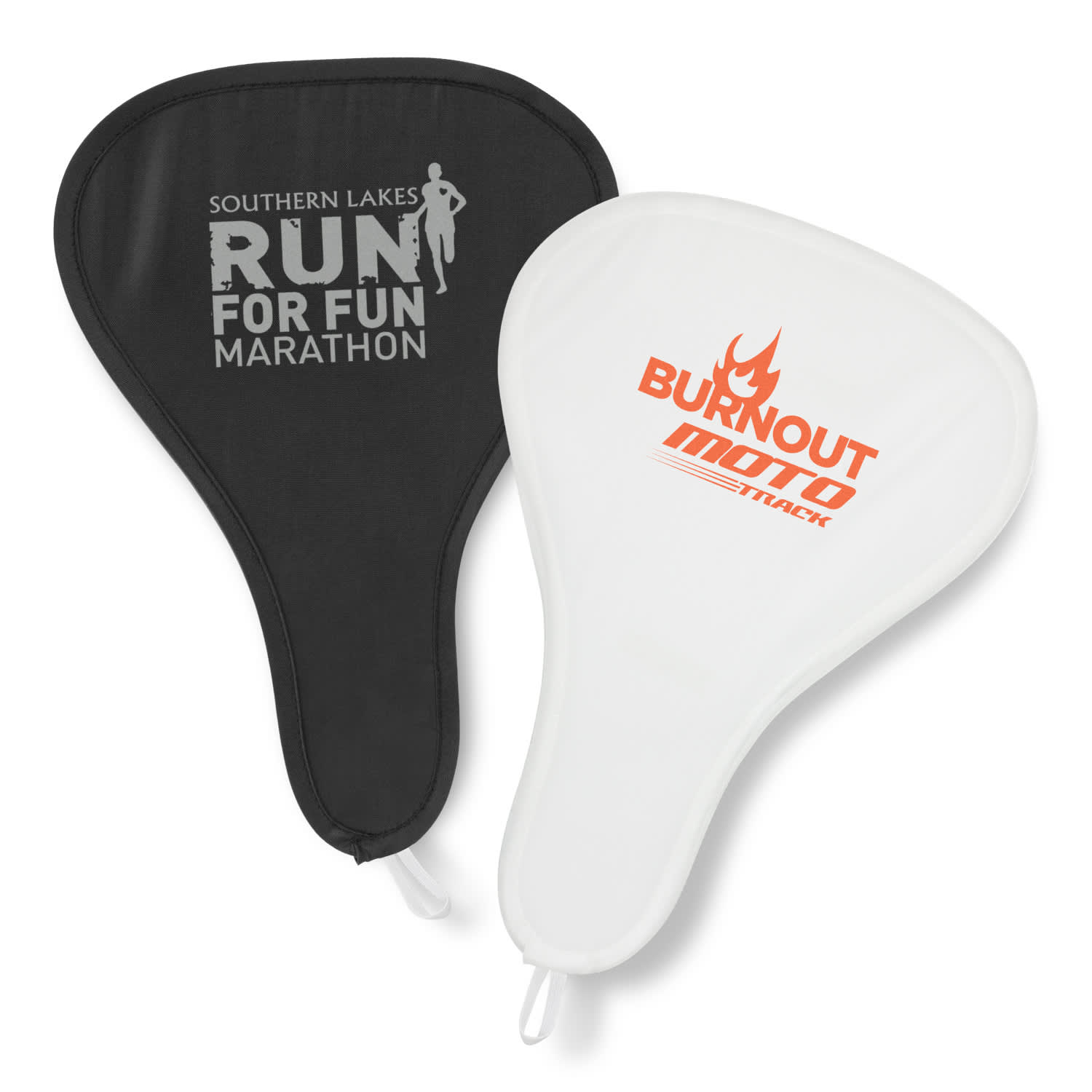 A foldable event fan in black and white, featuring a logo on each side. Both sides have a smooth finish. Foldable Event Fan - Image 1