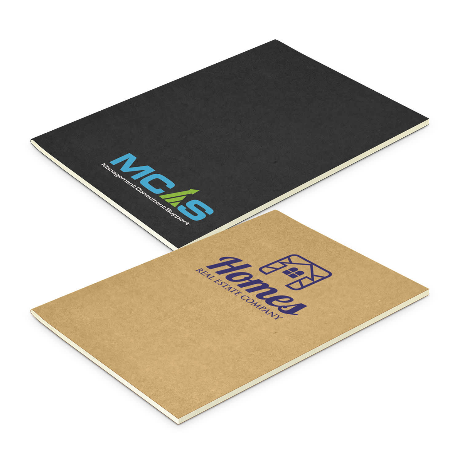 Two notebooks are displayed: one black with a logo and one brown featuring a second logo. Kora Notebook - Medium - Image 1