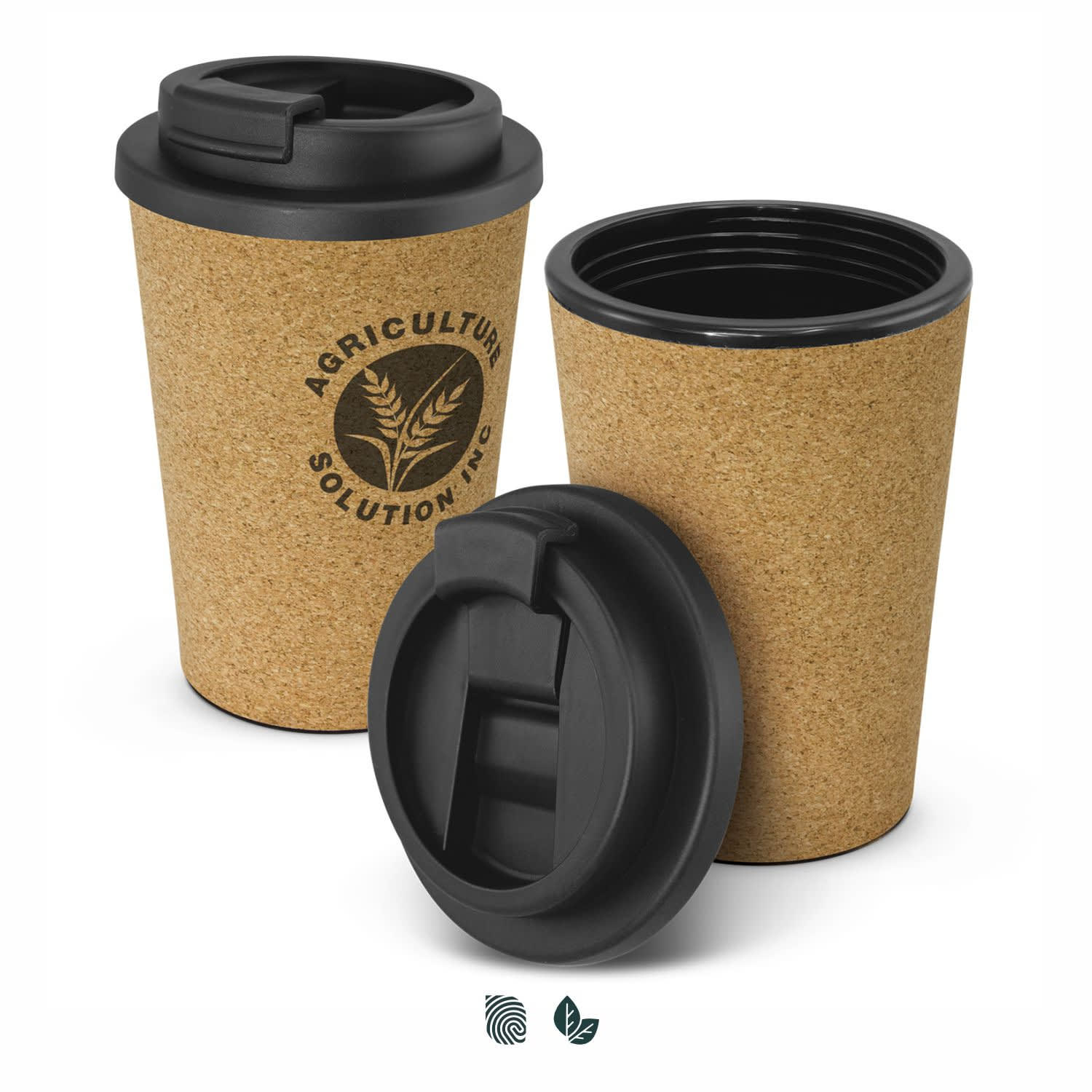 A double wall cup in a natural cork finish with a black lid and interior, featuring a branded logo. Oakridge Double Wall Cup - Image 1
