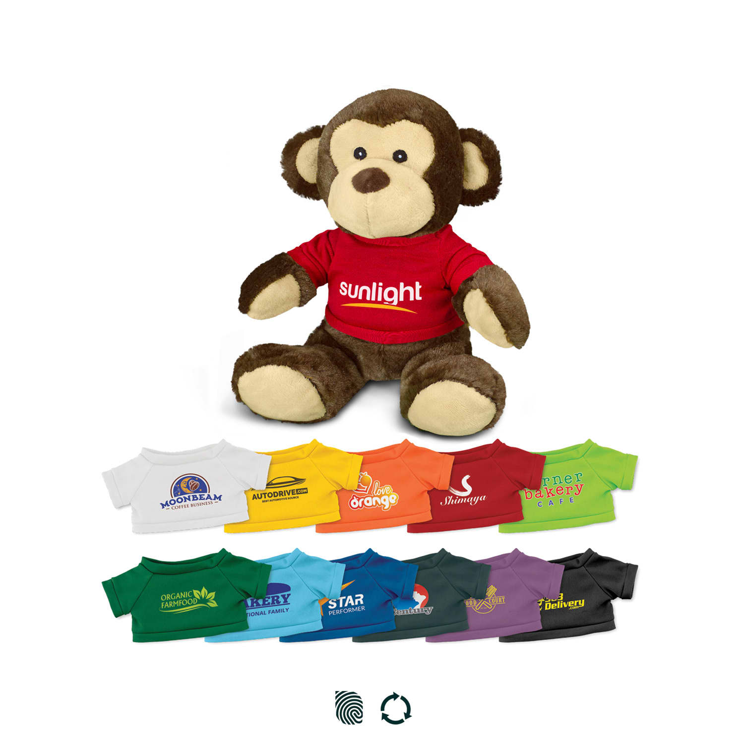 A brown monkey plush toy wearing a red shirt, surrounded by various colourful t-shirts in different shades. Monkey Plush Toy - Image 1