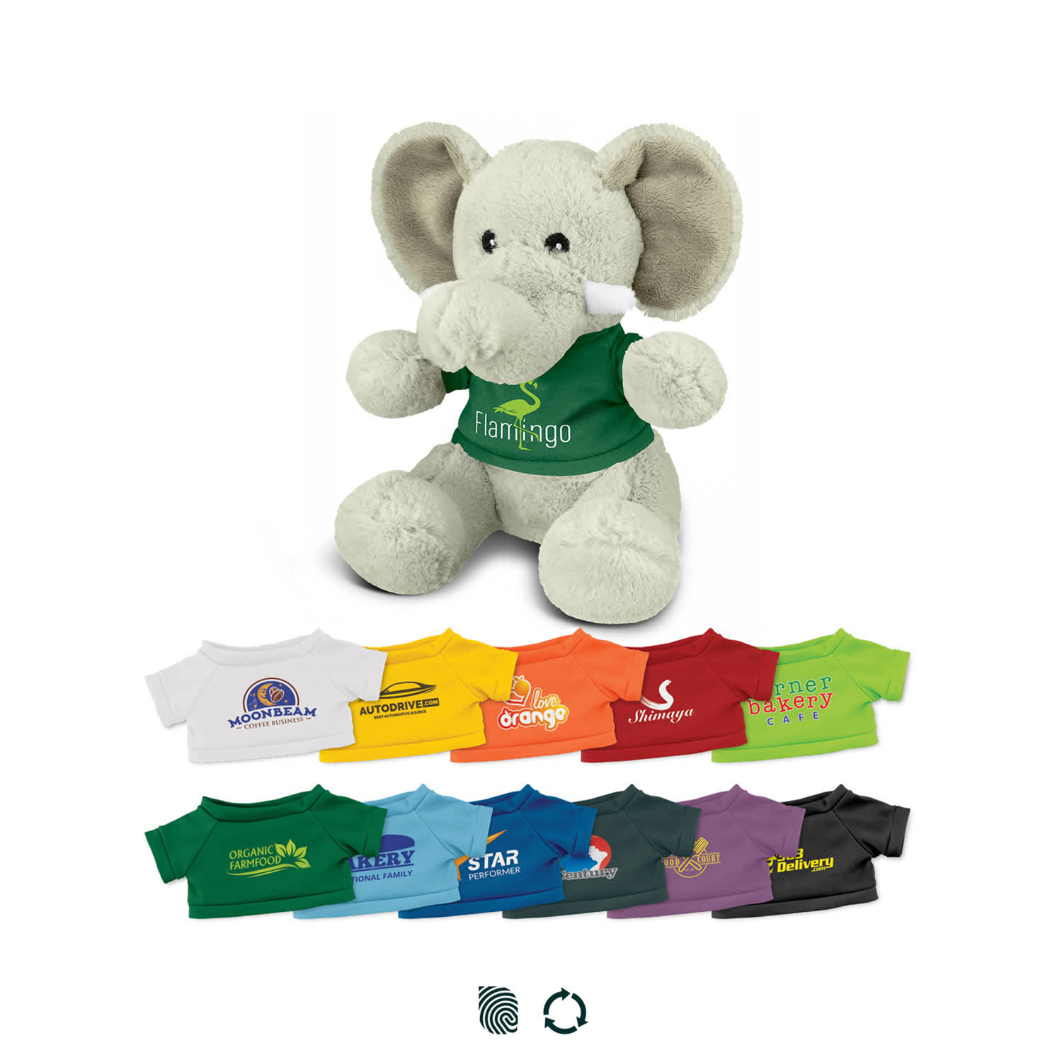 A grey elephant plush toy wearing a green shirt, surrounded by various coloured t-shirts for the toy. Elephant Plush Toy - Image 1