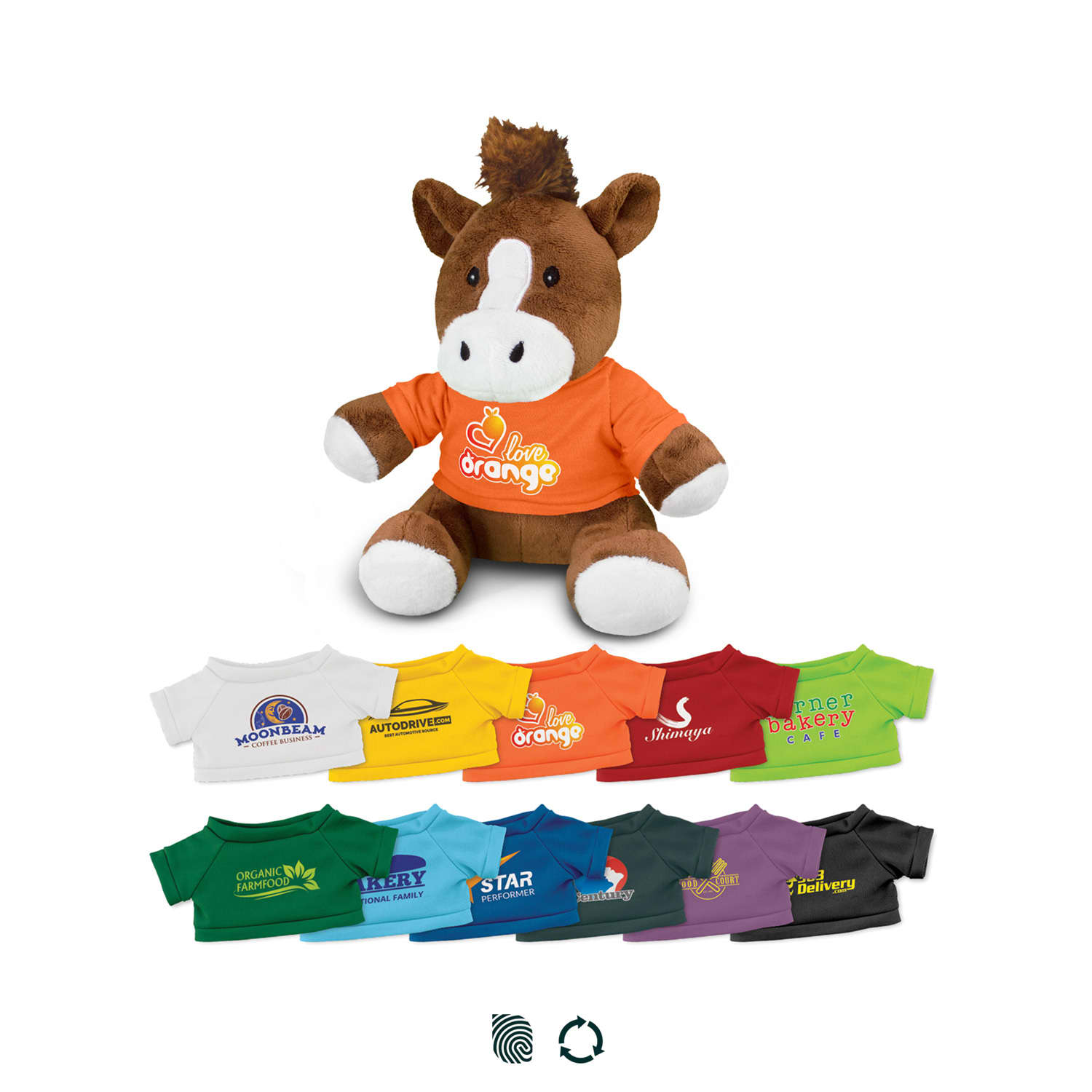 A brown plush horse toy wearing an orange shirt, with various smaller shirts in different colours laid out below. Horse Plush Toy - Image 1