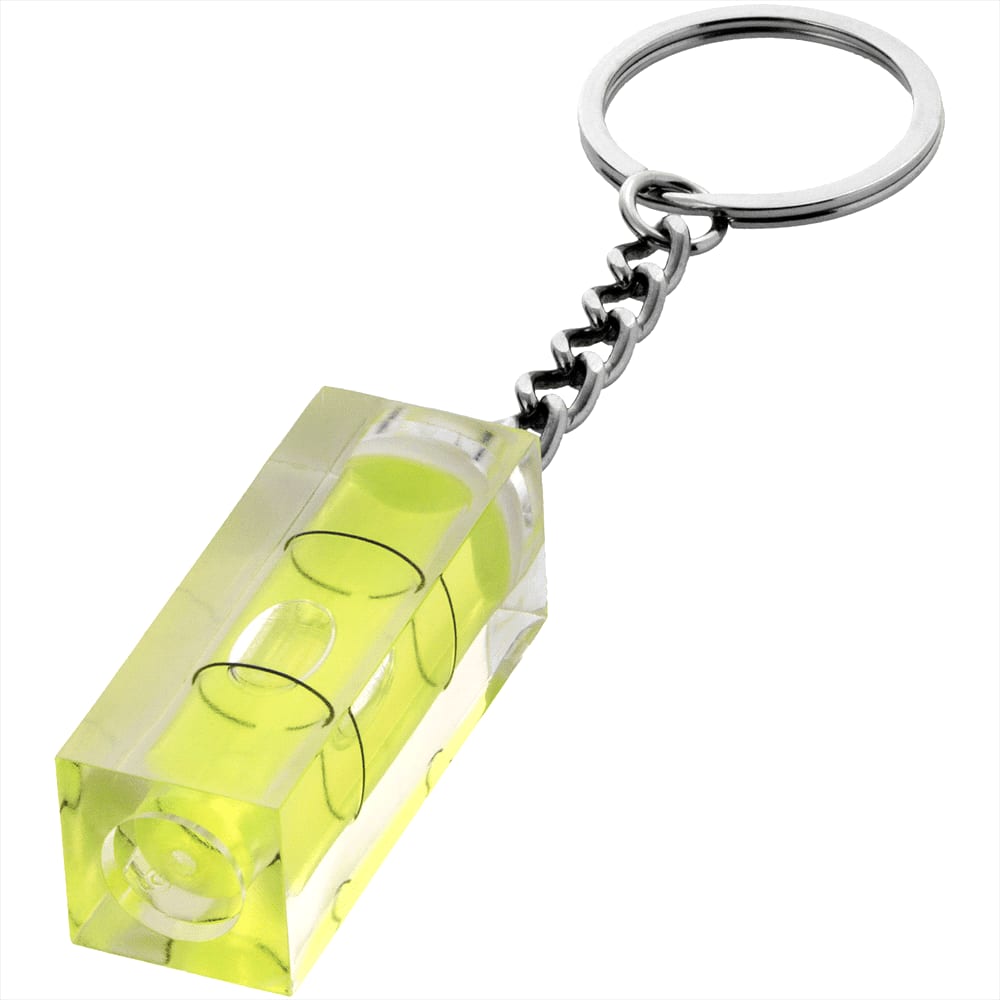 A transparent yellow leveller keychain with a metal keyring attached. Leveller Key Chain - Image 1