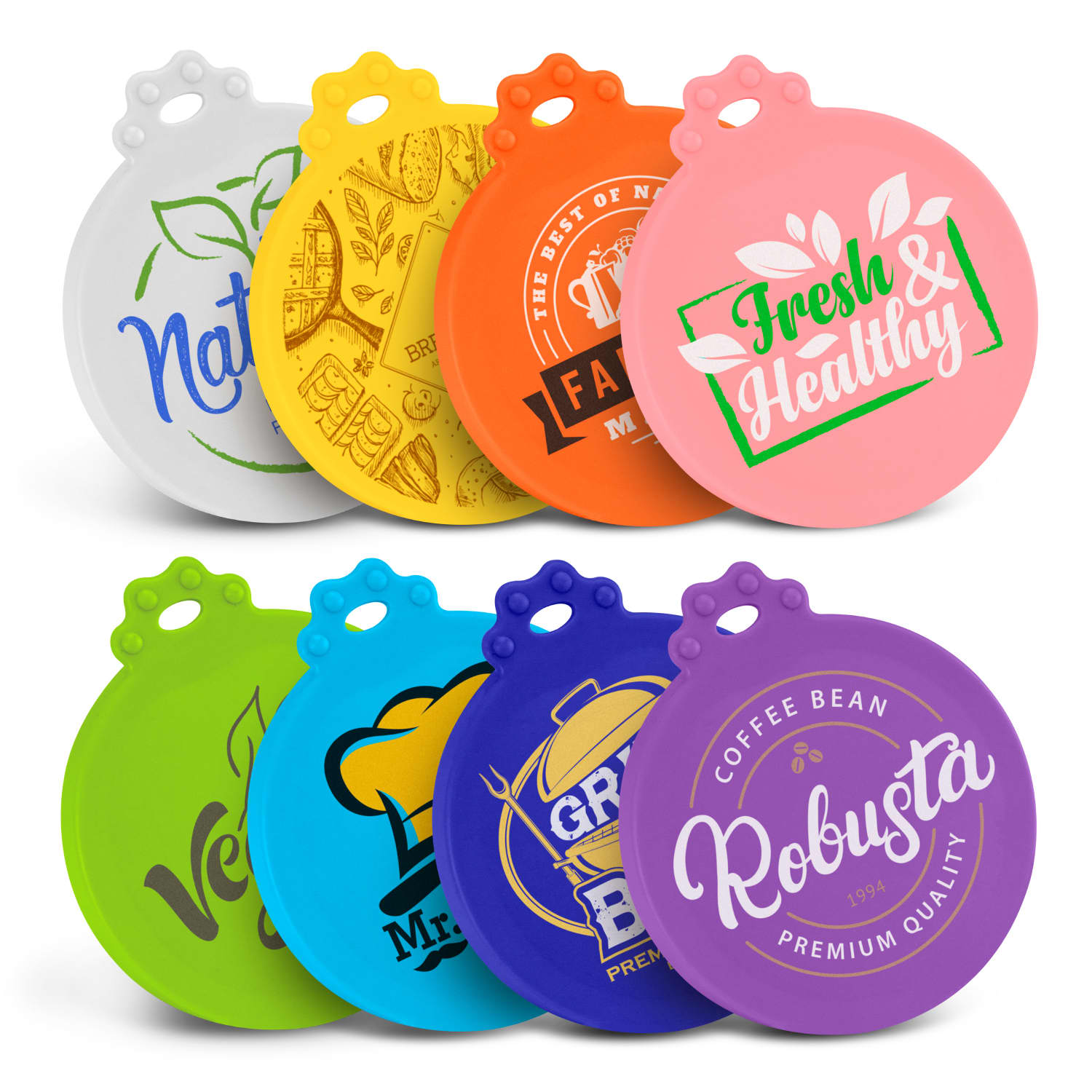 A collection of colourful silicone reusable can lids in various designs, featuring a logo on several lids. Silicone Reusable Can Lid - Image 1