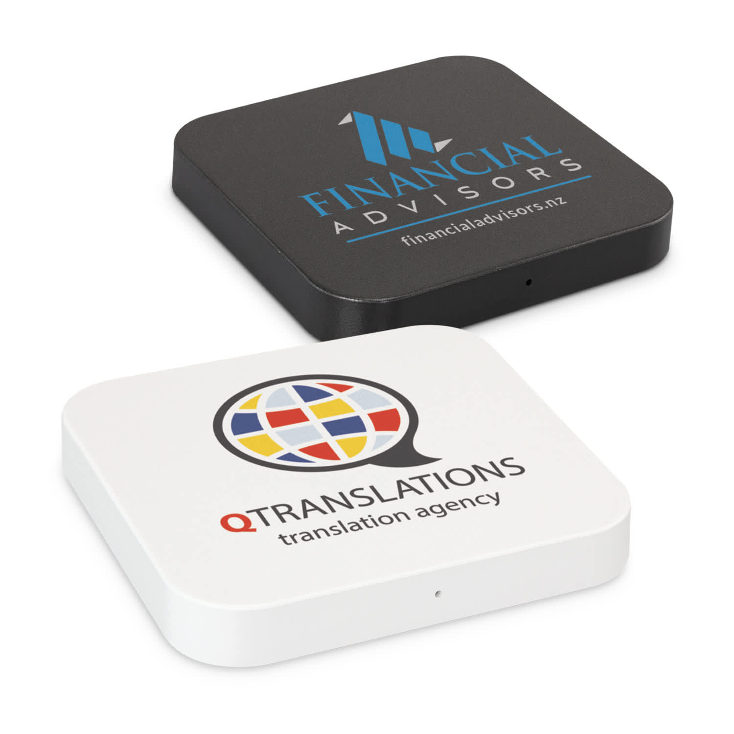 A square wireless charger in black and white, featuring two logos on the surface. Vector Wireless Charger - Square - Image 1