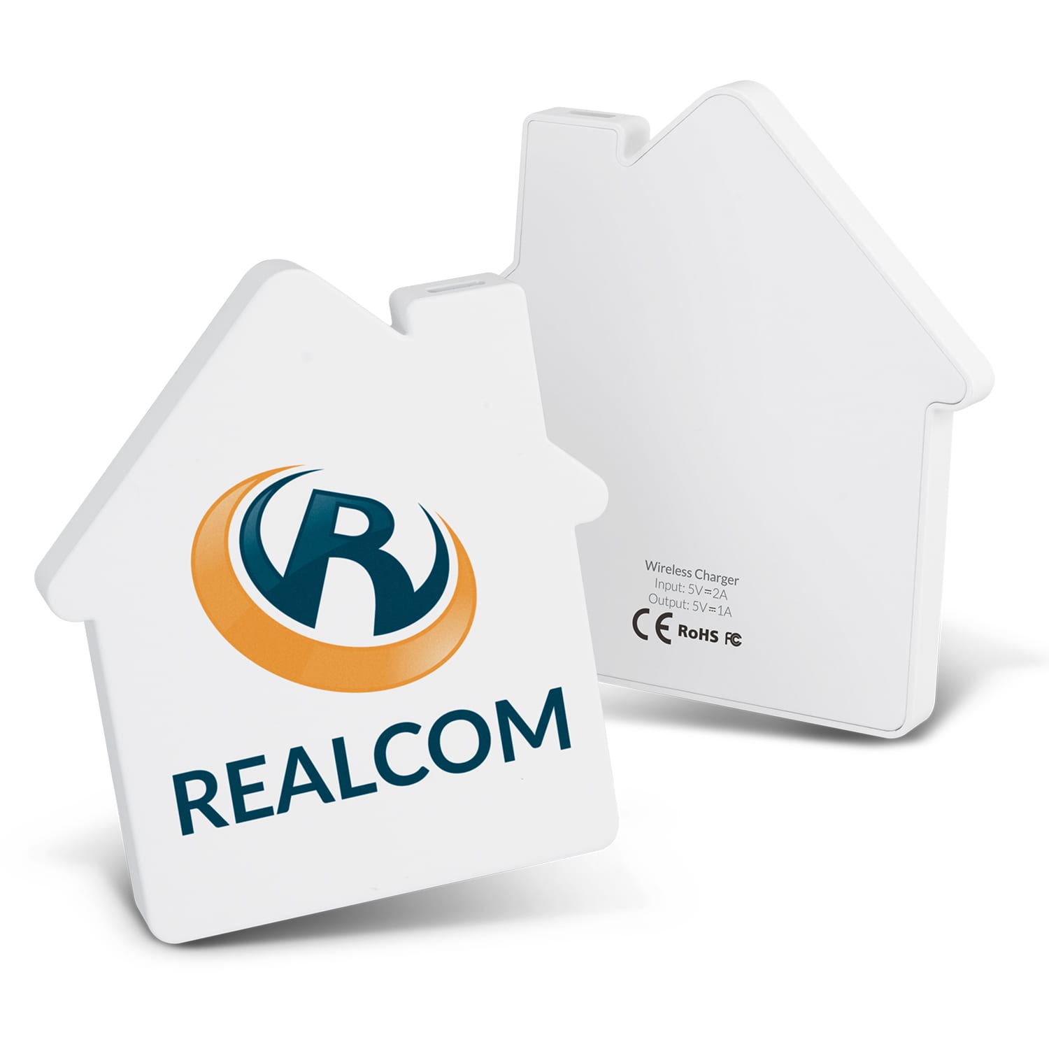 A house-shaped wireless charger in white, featuring a logo on the front and a smooth back surface. House Wireless Charger - Image 1