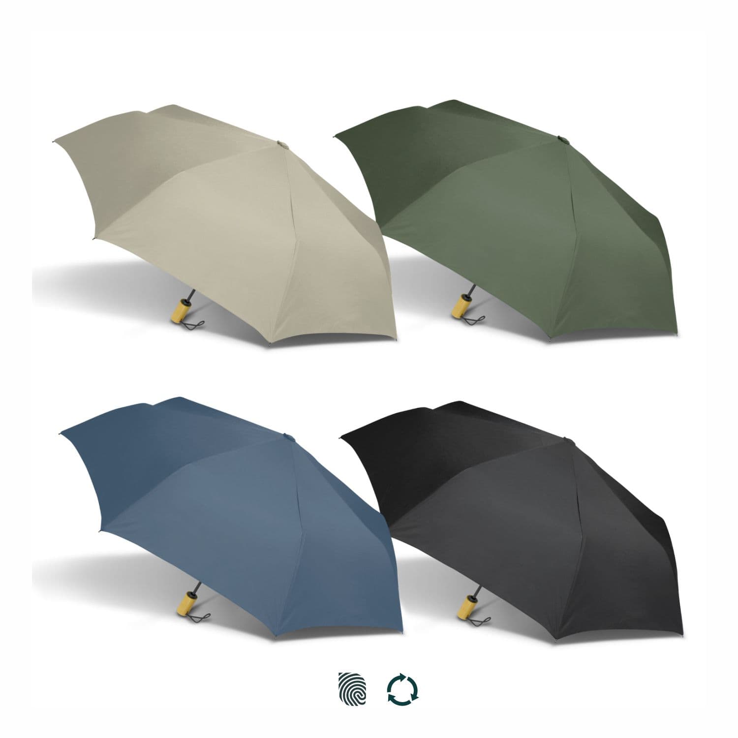 A compact umbrella available in beige, green, blue, and black, featuring a logo on the handle. RPET Compact Umbrella - Image 1