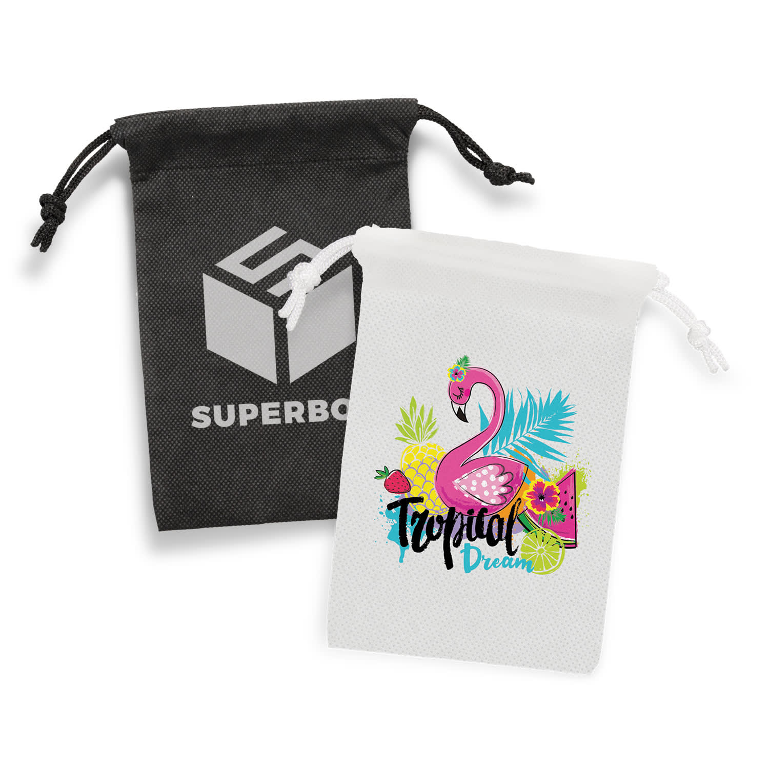 Two small drawstring gift bags, one black and one white with a colourful flamingo design, both featuring a logo. Drawstring Gift Bag - Small - Image 1