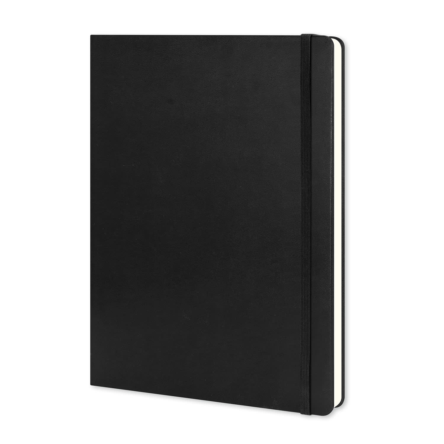 A black Moleskine Classic Hard Cover Notebook in extra large size, featuring a logo and an elastic closure. Moleskine Classic Hard Cover Notebook - Extra Large - Image 1