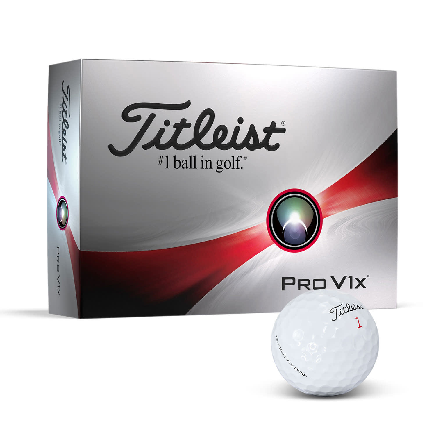 A box of Titleist Pro V1X golf balls with a single white ball in front, featuring a logo on the ball. Titleist Pro V1X Golf Ball - Image 1
