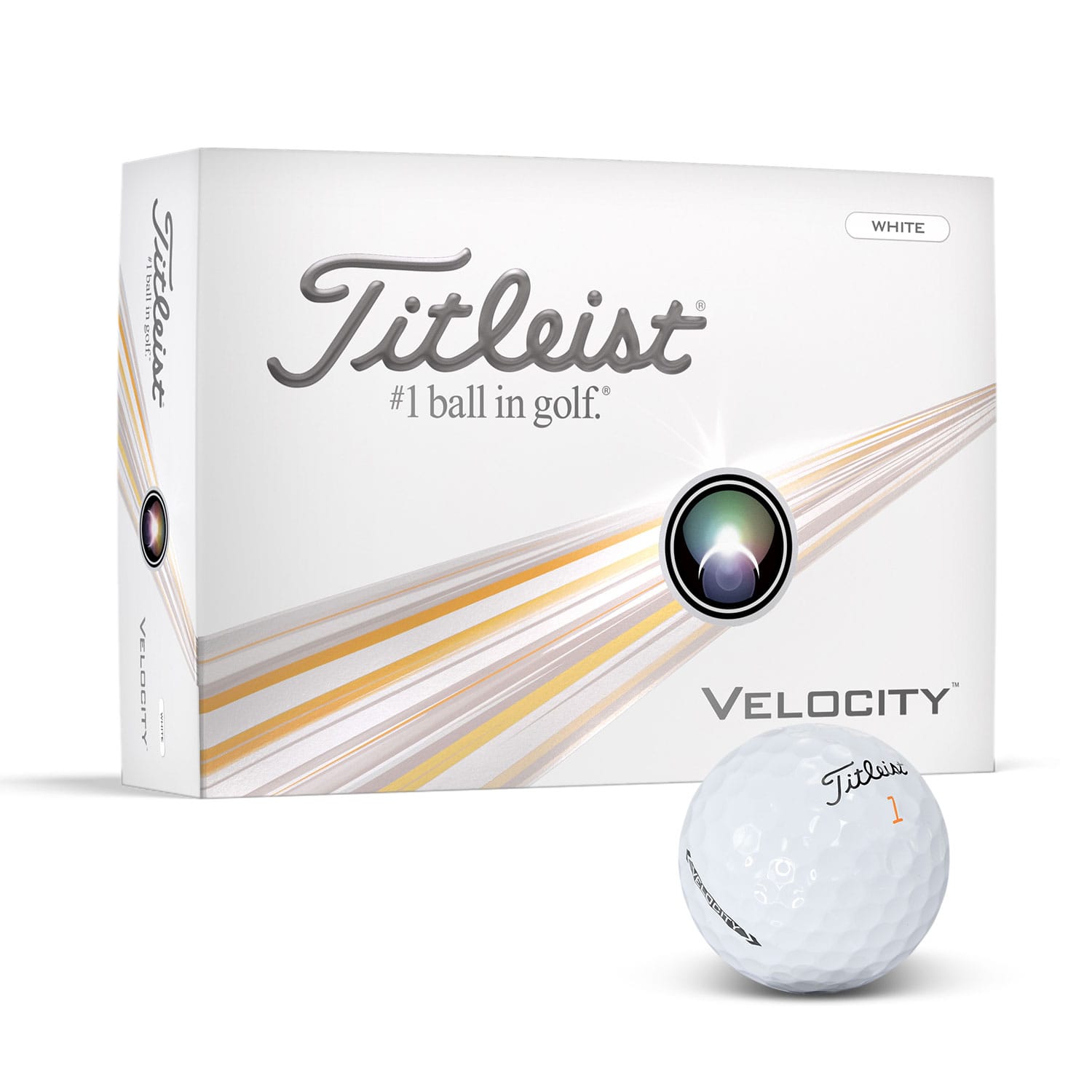 A white Titleist Velocity golf ball beside a box featuring a sleek design and brand logo. Titleist Velocity Golf Ball - Image 1