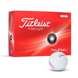 A box of Titleist TruFeel golf balls in white, featuring a logo and a glossy finish.
